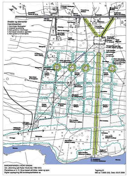 Barokkparken slik man mener den så ut. Skisse: Unni Dahl Grue og Blå Landskapsarkitekter as